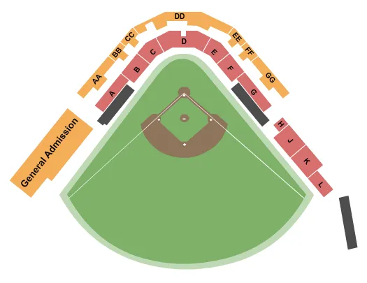 Baseball 2020 Seating Chart at Taylor Stadium. The chart shows the main floor/stage with seating options surrounding it, which are color coded